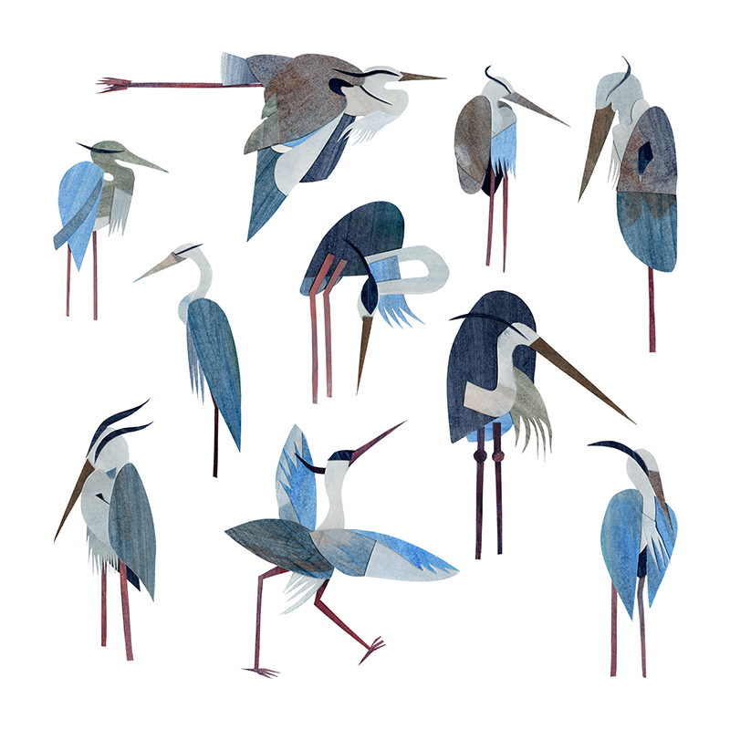 Ten abstract herons made from paper collages in different poses on a white background.