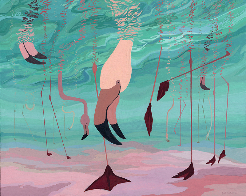 The legs and heads of eight flamingos as seen from underwater. The water's surface has many wavy ripples.