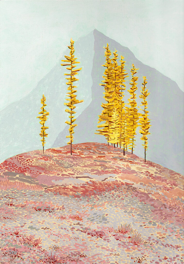 A cluster of golden-leafed larch trees in a speckled red, pink, and gray alpine meadow with a mountain peak behind.