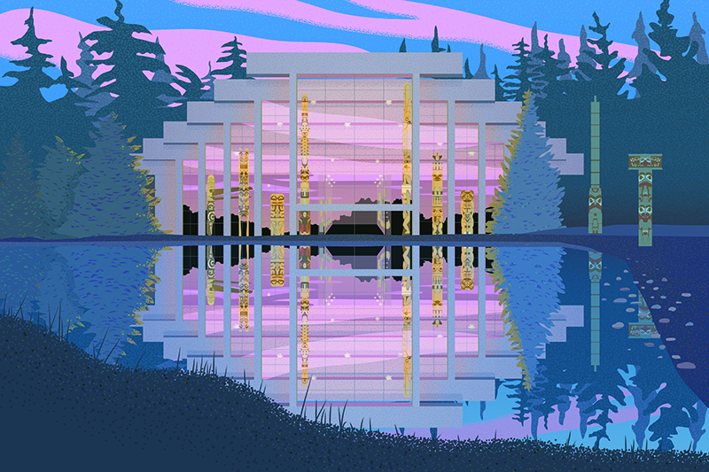 A west coast modern building with totempoles amidst a forest at dusk all reflected in a lake in the foreground