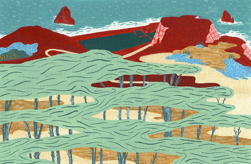 Ocean scene with the ruins of a pool carved in red rocks and wavy swiss cheese like trees.