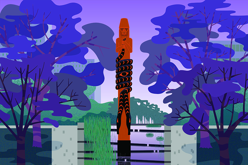 An orange totempole with a two-headed snake in a stepped fountain with sidewalks and purple trees on either side